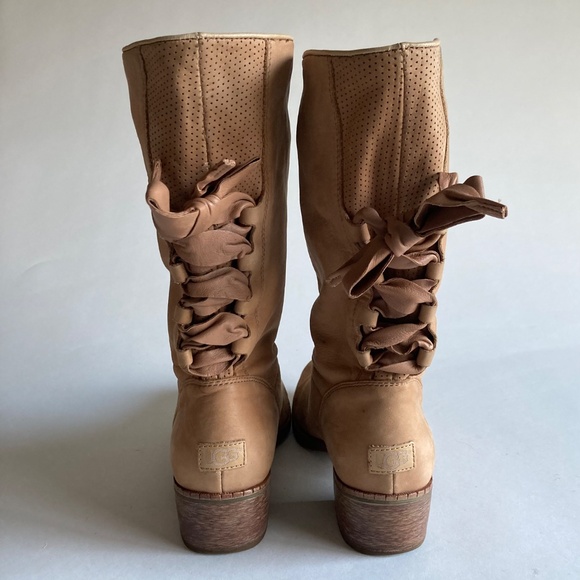 UGG Tan Suede Genuine Sheepskin Leather Rubber Outsole Mid Calf Boots size 8 - Picture 10 of 16